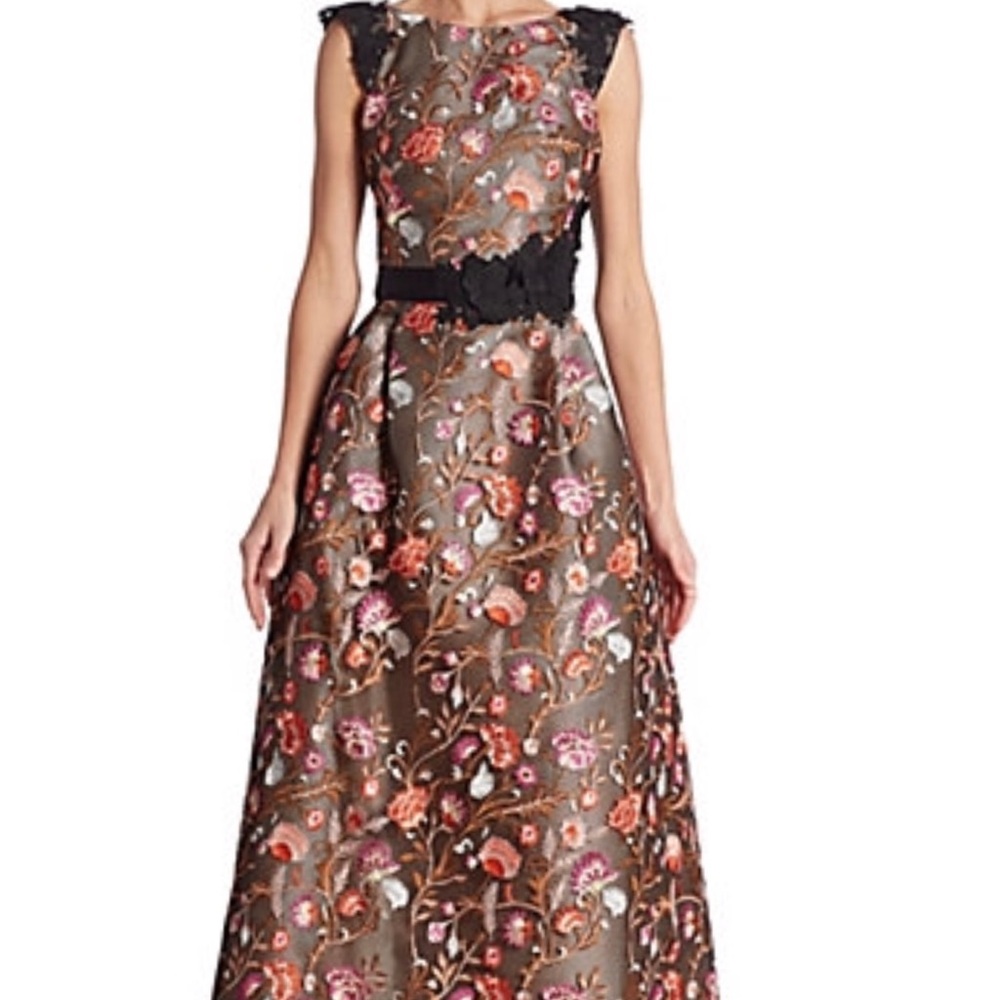 Monique Lhuillier Black and Red Floral Backless Dress